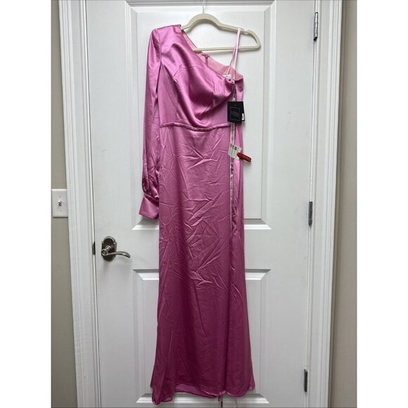New MAC DUGGAL Size 4 Pink 26712 ONE SHOULDER BISHOP SLEEVE SATIN Formal GOWN - Picture 8 of 11